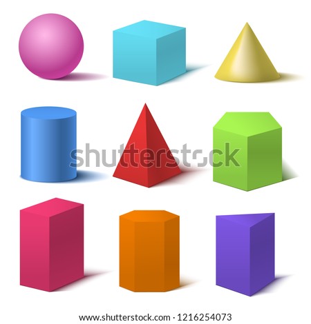 Realistic Detailed 3d Color Basic Shapes Set Isolated on White Background Include of Cube, Cylinder, Sphere and Cone. Vector illustration