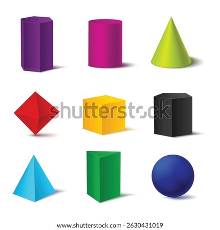 Realistic Detailed 3d Color Basic Shapes Set Isolated on White Background Include of Cube, Cylinder, Sphere and Cone. Vector illustration