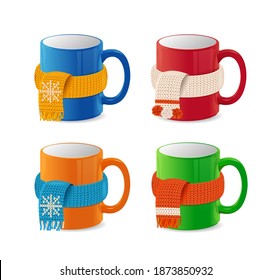 Realistic Detailed 3d Color Coffee Cup in Scarf Knitted Woolen Set for Winter Season. Vector illustration