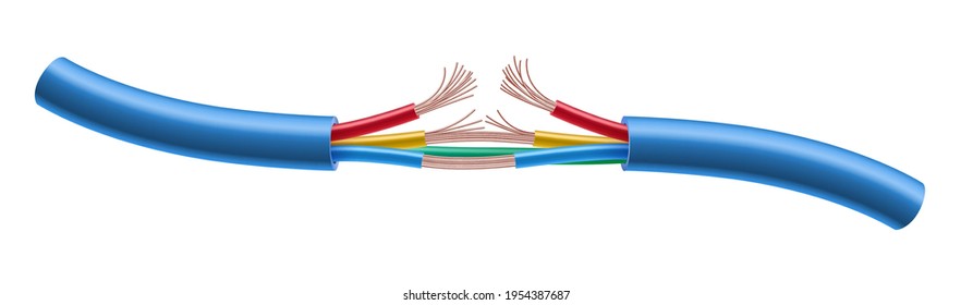 Realistic detailed 3d color damaged electric cable. Connection problem with electrical power, network, television and telephone. Vector illustration