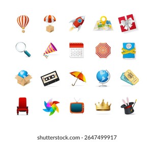 Realistic Detailed 3d Color Different Objects Set Include of Bathroom Scale, Hot Air Balloon, Party Hat, Magnifying Glass and Tickets. Vector illustration