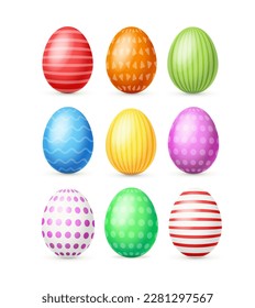 Realistic Detailed 3d Color Easter Eggs with Different Print Set Isolated on a White Background. Vector illustration of Painted Eggs