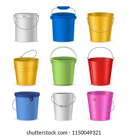 Realistic Detailed 3d Color Empty Plastic or Metal Buckets Set Pail and Handle. Vector illustration of Bucket