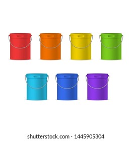 Realistic Detailed 3d Color Empty Plastic Buckets Set Pail and Handle. Vector illustration of Bucket