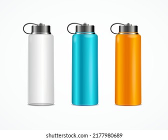 Realistic Detailed 3d Color Fitness Bottle Blank Template Set. Vector illustration of Plastic or Metal Reusable Bottles for Sport