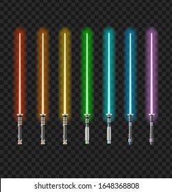 Realistic Detailed 3d Color Glowing Laser Light Sword Set on a Transparent Background for Game. Vector illustration