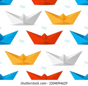 Realistic Detailed 3d Color Paper Boat Seamless Pattern Background on a White for Web and App. Vector illustration