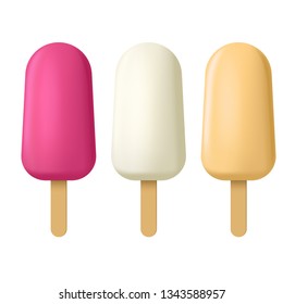 Realistic Detailed 3d Color Popsicle Ice Creams Set Sweet Cold Summer Dessert Food. Vector illustration of Strawberry and Vanilla Icecream