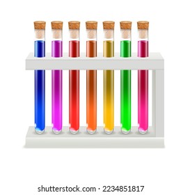 Realistic Detailed 3d Color Test Tubes in Racks Set Chemistry Science or Laboratory Research Concept . Vector illustration