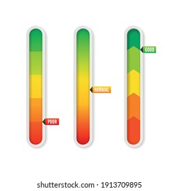 Realistic Detailed 3d Color Vertical Level Indicator Set from Poor to Good for Interface. Vector illustration