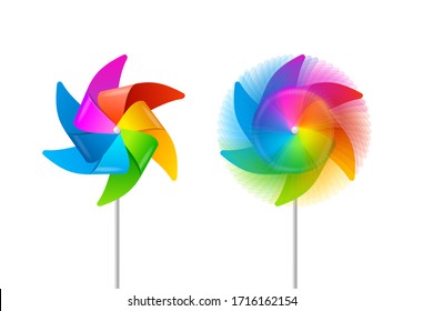 Realistic Detailed 3d Color Windmill Set Fun Toy Childhood Concept. Vector illustration of Energy Rotate Windmills