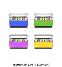 Realistic Detailed 3d Colorful Fridge for Ice Cream for Showcase Shop and Store. Vector illustration of Refrigerator Gelato or Icecream