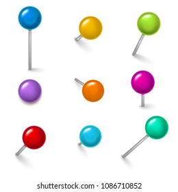 Realistic Detailed 3d Colorful Plastic Round Push Pins Different Angles Set Needle. Vector illustration of Sharp Pin for Office