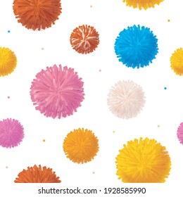 Realistic Detailed 3d Colorful Pom Poms Seamless Pattern Background on a White. Vector illustration on Pompom