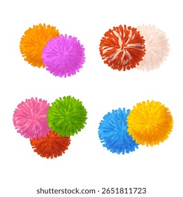 Realistic Detailed 3d Colorful Pom Poms Different Composition Set Decorative Element Pompom. Vector illustration of Fluffy Ball Pompon