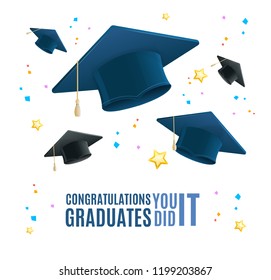 Realistic Detailed 3d Congratulation Graduates Placard Banner Card with Shiny Confetti. Vector illustration of Education or Learning Concept