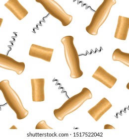 Realistic Detailed 3d Corkscrew and Cork Seamless Pattern Background Equipment for Uncork Alcohol Drink. Vector illustration of Spiral Bottle Opener