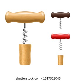 Realistic Detailed 3d Corkscrew and Cork Set Equipment for Uncork Alcohol Drink. Vector illustration of Spiral Bottle Opener