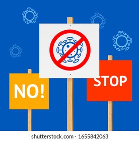 Realistic Detailed 3d Coronavirus Concept with Tables Protest Ad Poster Card on a Blue. Vector illustration