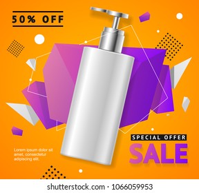 Realistic Detailed 3d Cosmetic Bottle with Dispenser or Dropper Sale Banner Banner Card. Vector illustration of Advertisement Concept