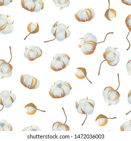 Realistic Detailed 3d Cotton Flowers Natural Material Seamless Pattern Background on a White for Soft Quality Textile. Vector illustration of Fluffy Flower