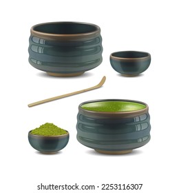 Realista Detallado 3d Cup Chawan , Chashaku y Bowl de Green Powder Set japonés Matcha Tea Ceremony Concept. Ilustración del vector