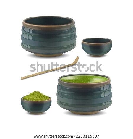 Realistic Detailed 3d Cup Chawan , Chashaku and Bowl of Green Powder Set Japanese Matcha Tea Ceremony Concept. Vector illustration