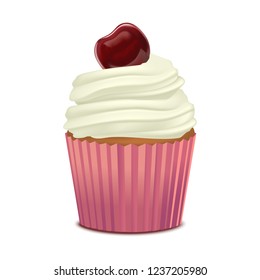 Realistic Detailed 3d Cupcake with Cherry Sweet Dessert of Bakery Muffin on a White. Vector illustration