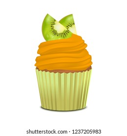 Realistic Detailed 3d Cupcake with Kiwi Sweet Dessert of Bakery Muffin on a White. Vector illustration