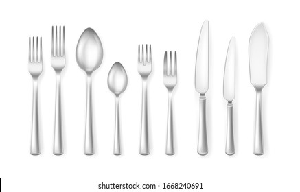 Realistic Detailed 3d Cutlery Set for Home or Restaurant Include of Spoon, Knife and Fork. Vector illustration