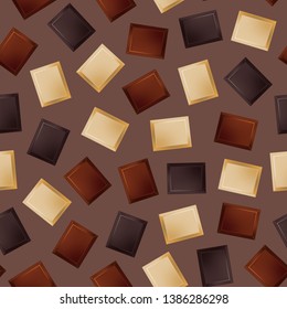 Realistic Detailed 3d Dark, White and Milk Chocolate Bar Seamless Pattern Background. Vector illustration of Sweet Cocoa Tasty Delicious Dessert