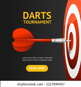 Realistic Detailed 3d Dartboard with Darts Banner Card Competition Entertainment in Tournament Concept for Ad. Vector illustration