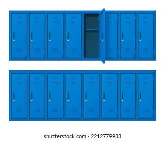 Realistic Detailed 3d Different Blue School Gym Locker Set. Vector illustration of Metal Cabinets for Storage