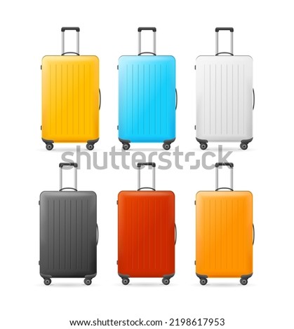 Realistic Detailed 3d Different Bright Color Empty Suitcase Set Isolated on a White Background. Vector illustration of Luggage or Baggage
