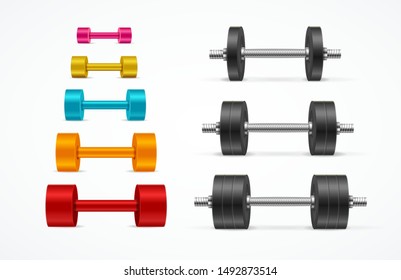 Realistic Detailed 3d Different Color Gym Equipment Dumbbell Set for Training and Exercise. Vector illustration of Dumbbells