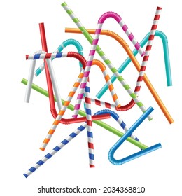 Realistic Detailed 3d Different Color Plastic Straw Set for Drink or Juice. Vector illustration of Flexible Straws