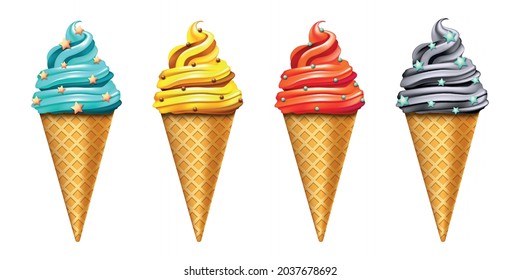 Realistic Detailed 3d Different Color Vanilla or Strawberry Taste and Topping Ice Cream Cone Set. Vector illustration of Icecream