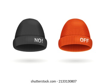 Realistic Detailed 3d Different Color Knitted Hat Set Isolated on a White Background. Vector illustration of Beanie Cap