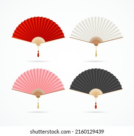 Realistic Detailed 3d Different Color Asian Hand Fans Set Symbol of Culture. Vector illustration of Paper Folding Fan