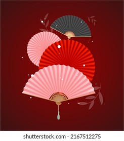 Realistic Detailed 3d Different Color Folding Asian Hand Fans Set Decoration Concept. Vector illustration of Fan