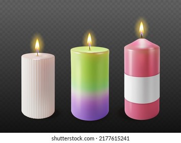 Realistic Detailed 3d Different Color Scented Wax Candle Set for Spa, Therapy, Relax on a Transparent Background. Vector illustration