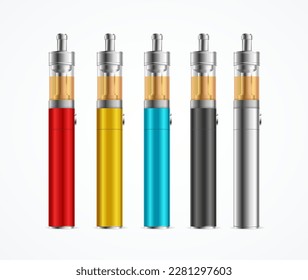 Realistic Detailed 3d Different Color Vape Pen or Electronic Cigarette Set. Vector illustration of Device for Vaping