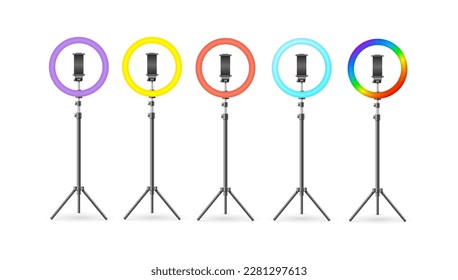 Realistic Detailed 3d Different Color Led Ring Lamp Set Isolated on a White Background. Vector illustration