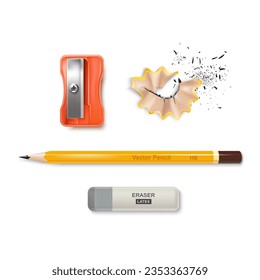 Realistic Detailed 3d Different Color Stationery Tools Set for Office or School. Vector illustration of Pencil, Sharpener and Eraser