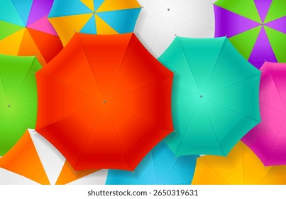 Realistic Detailed 3d Different Color Umbrellas Autumn Background Top View Fall Season Concept. Vector illustration of Open Umbrella