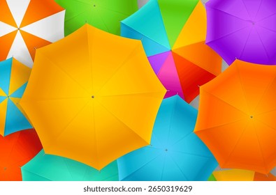 Realistic Detailed 3d Different Colorful Umbrellas Autumn Background Top View Fall Season Concept. Vector illustration of Rain Protection