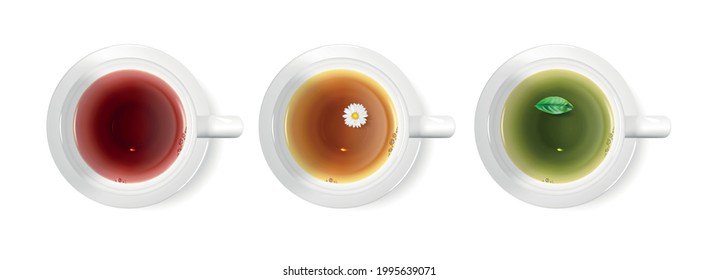 Realistic Detailed 3d Different Cup Tea Set Top View Include Of Chamomile, Mint And Rose. Vector Illustration