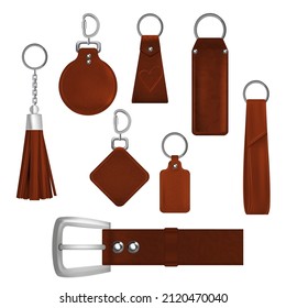 Realistic Detailed 3d Different Decorative Pendant Leather Tassels Set Belt, Metal Buckle and Carbines. Vector illustration