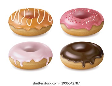 Realistic Detailed 3d Different Donuts Set covered Chocolate, Caramel and Sprinkles. Vector illustration of Glazed Confection Doughnuts