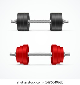 Realistic Detailed 3d Different Dumbbell Set Red and Black Color. Vector illustration of Dumbbells